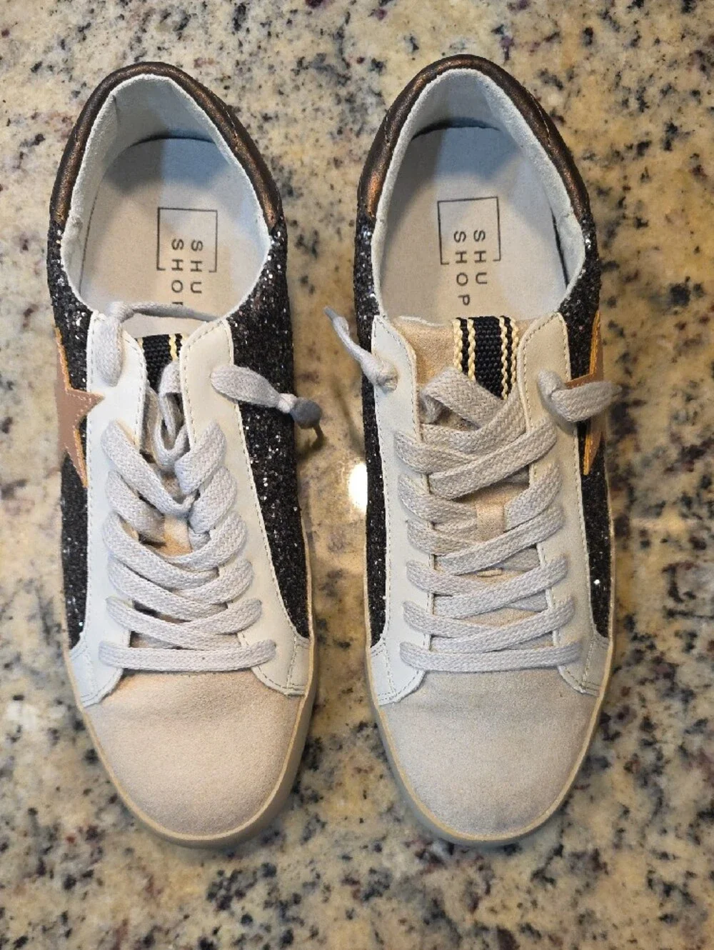 ShuShop Light Gray Suede & Black Glitter Low-Top Sneakers